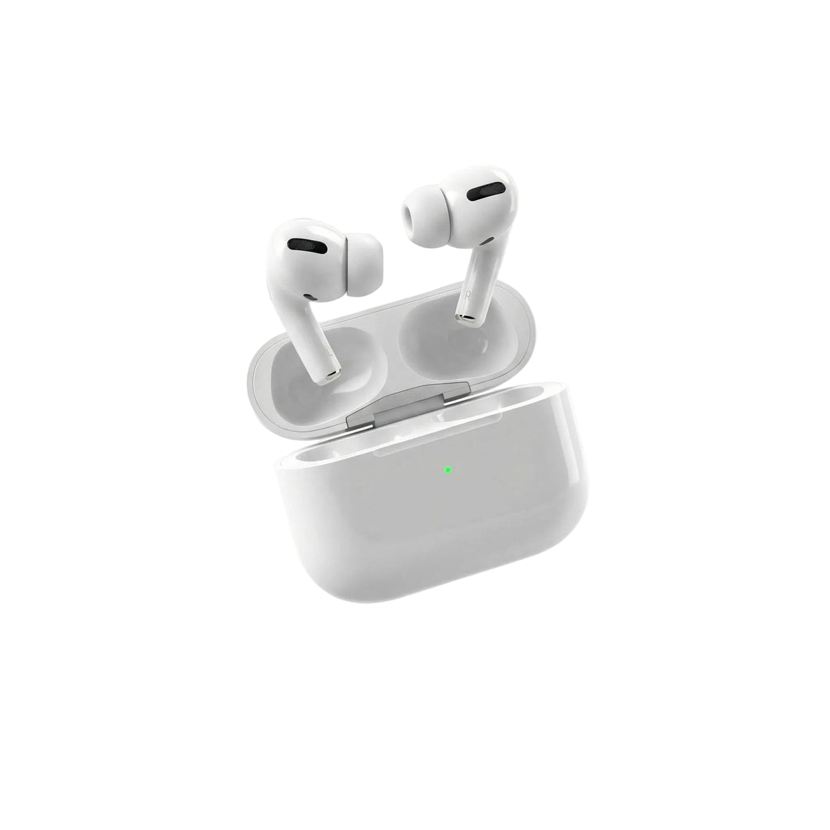 White wireless earbuds floating above their open charging case on a clean white background.